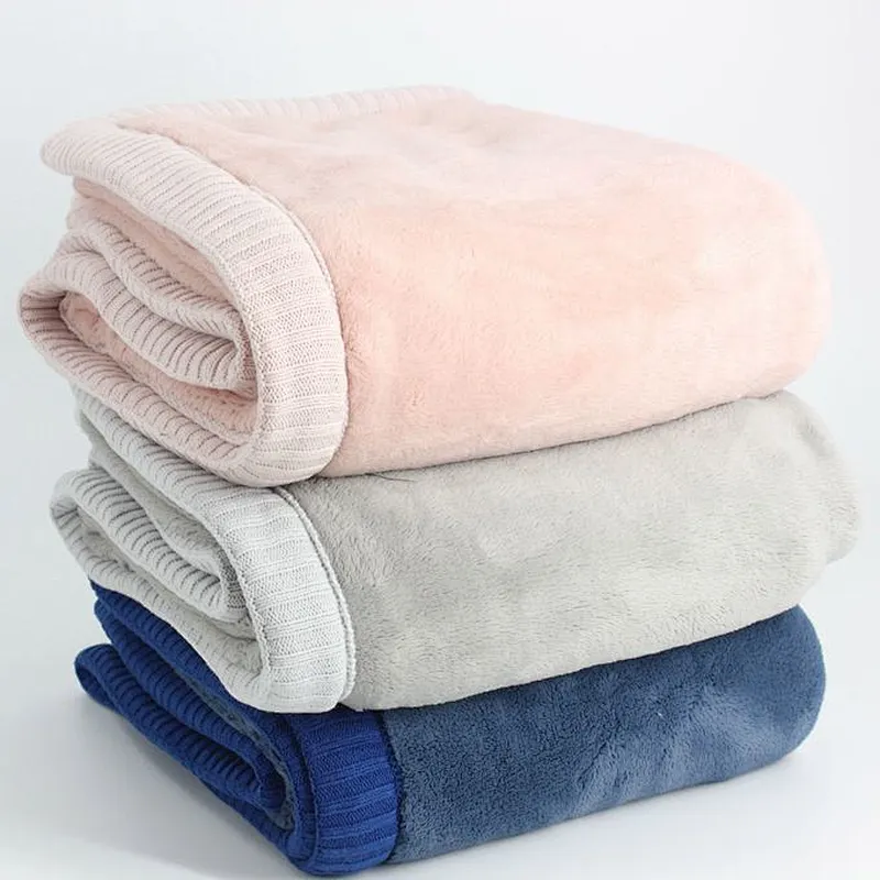 Soft Luxury Cozy Warm Flannel Fleece Throw Blanket with Knit Ribbed Trim